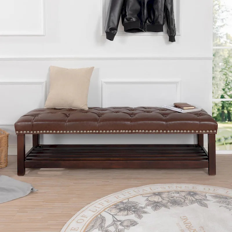 Panca imbottita capitonné da fondo letto con finitura borchiata e ripiano portaoggetti, 152 cm