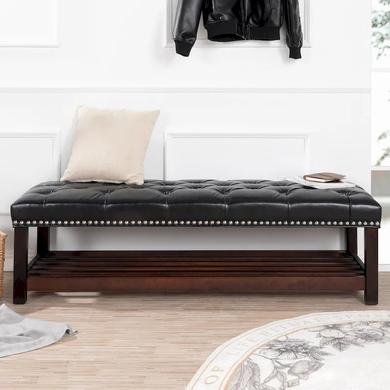 Panca imbottita capitonné da fondo letto con finitura borchiata e ripiano portaoggetti, 152 cm