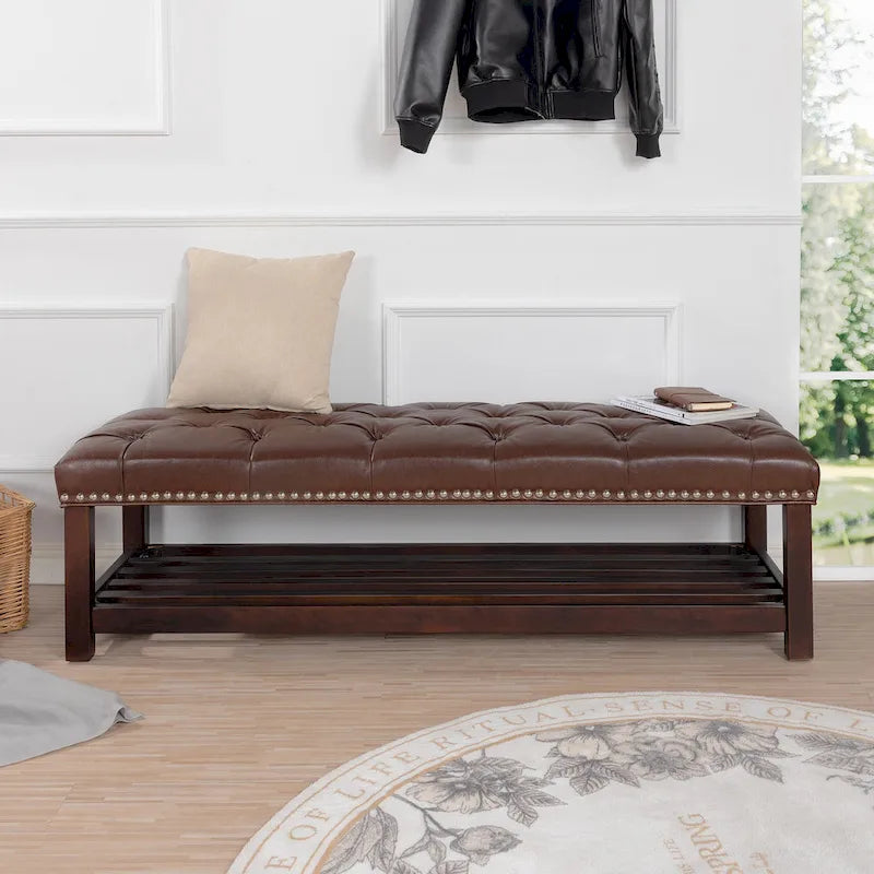 - Florian Tufted Upholstered End of Bed Bench with Nailhead Trim and Shelf