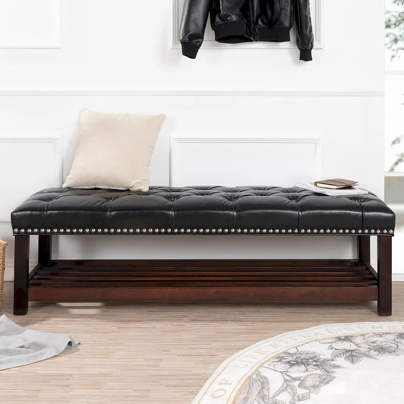 Panca imbottita capitonné da fondo letto con finitura borchiata e ripiano portaoggetti, 152 cm