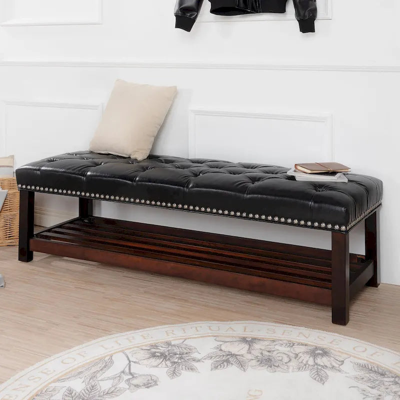 Panca imbottita capitonné da fondo letto con finitura borchiata e ripiano portaoggetti, 152 cm