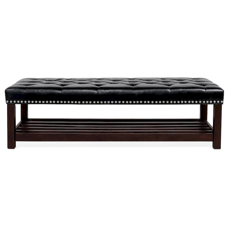 Panca imbottita capitonné da fondo letto con finitura borchiata e ripiano portaoggetti, 152 cm