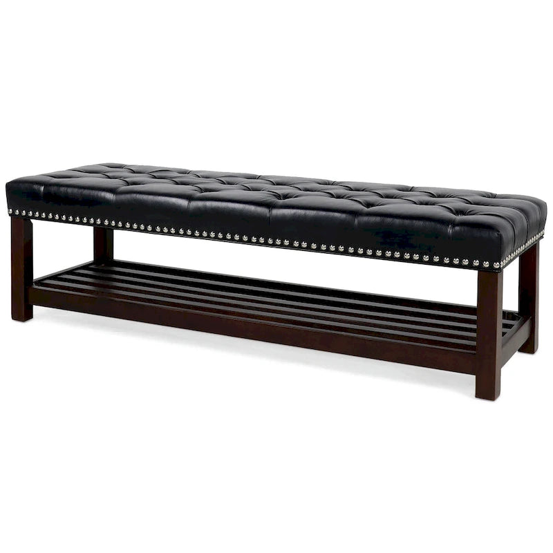 Panca imbottita capitonné da fondo letto con finitura borchiata e ripiano portaoggetti, 152 cm