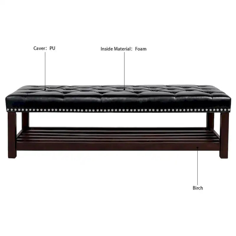 Panca imbottita capitonné da fondo letto con finitura borchiata e ripiano portaoggetti, 152 cm