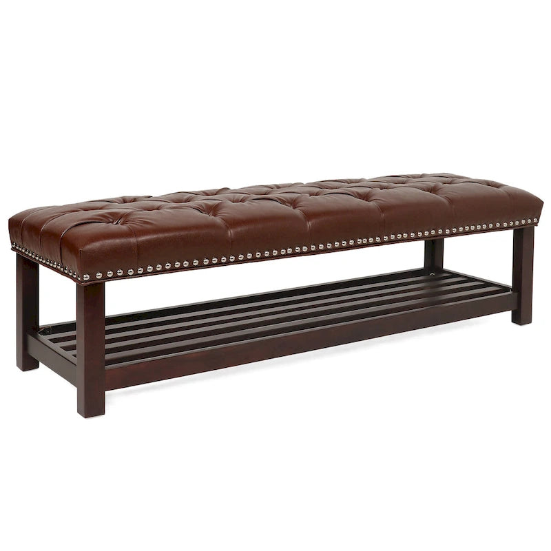 Panca imbottita capitonné da fondo letto con finitura borchiata e ripiano portaoggetti, 152 cm