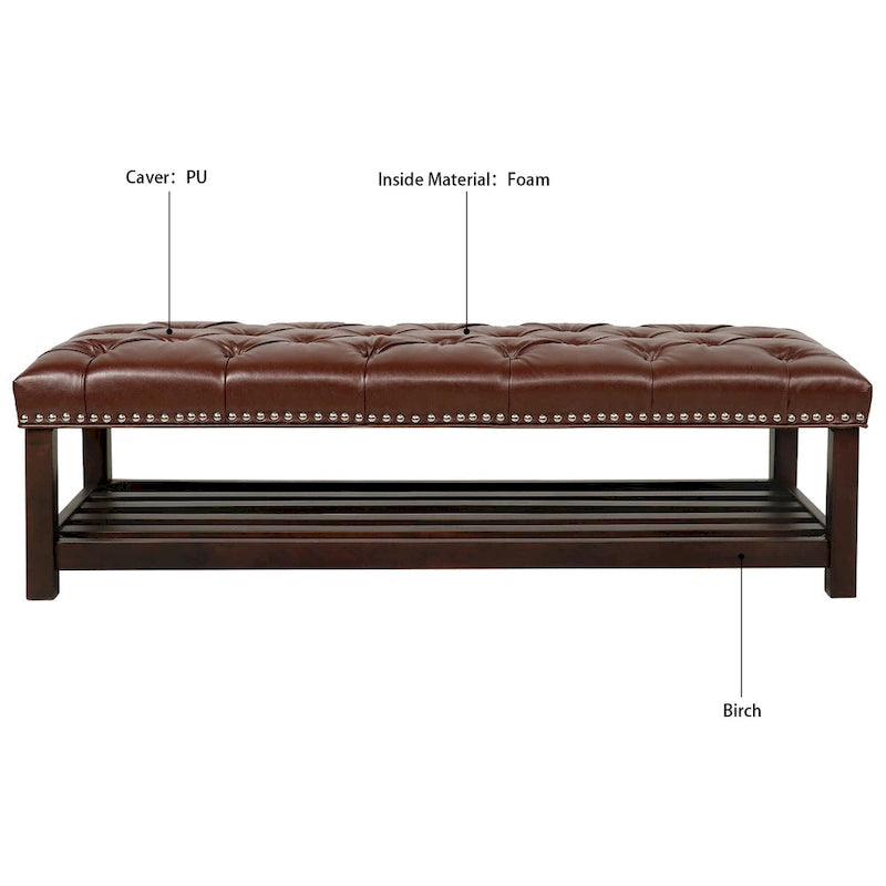 Panca imbottita capitonné da fondo letto con finitura borchiata e ripiano portaoggetti, 152 cm