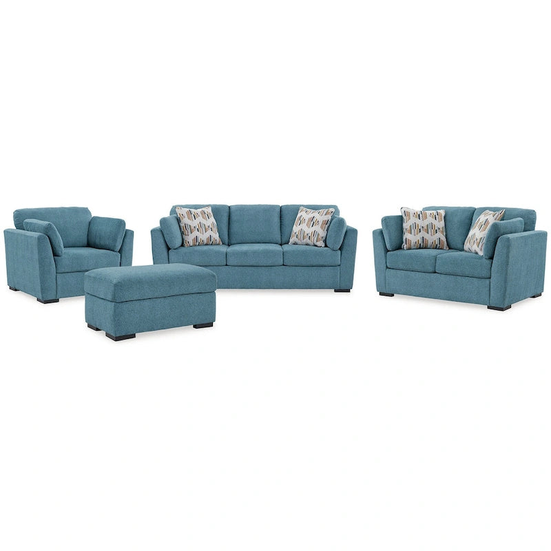 Set di mobili imbottiti per soggiorno da 4 pezzi - Divano, divanetto, poltrona e pouf, poliestere effetto velluto