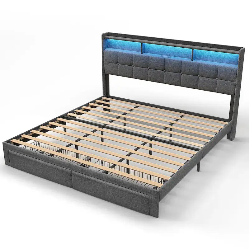 Letto matrimoniale king size con testiera di ricarica, luci RGB e porte USB da 20W