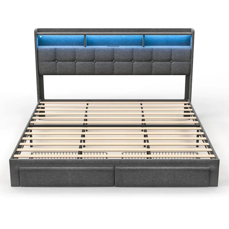 Letto matrimoniale king size con testiera di ricarica, luci RGB e porte USB da 20W