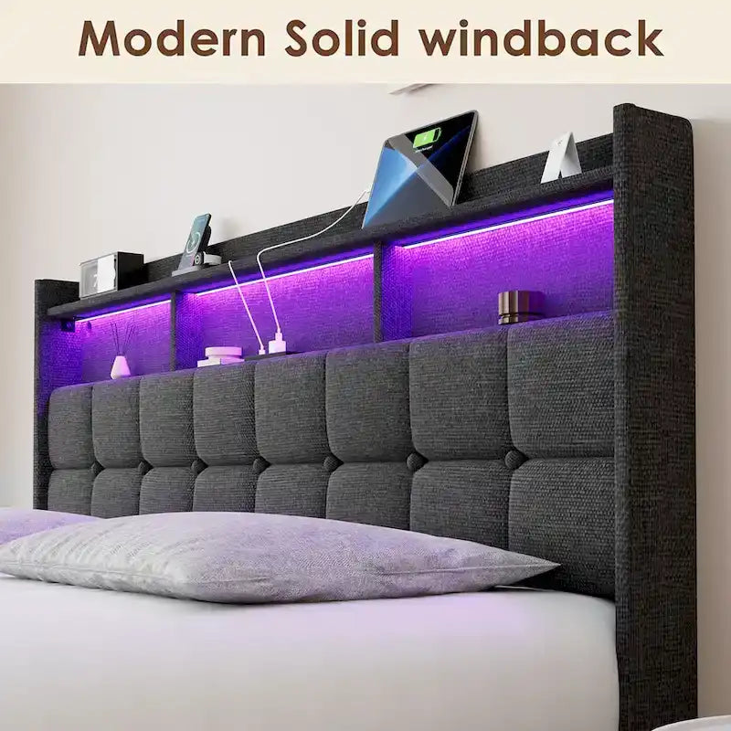 Letto matrimoniale king size con testiera di ricarica, luci RGB e porte USB da 20W