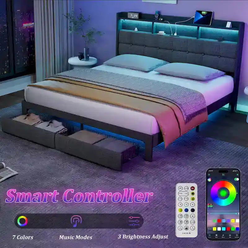 Letto matrimoniale king size con testiera di ricarica, luci RGB e porte USB da 20W