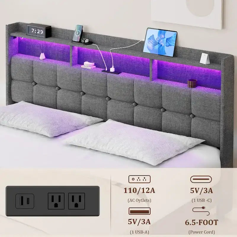 Letto matrimoniale king size con testiera di ricarica, luci RGB e porte USB da 20W