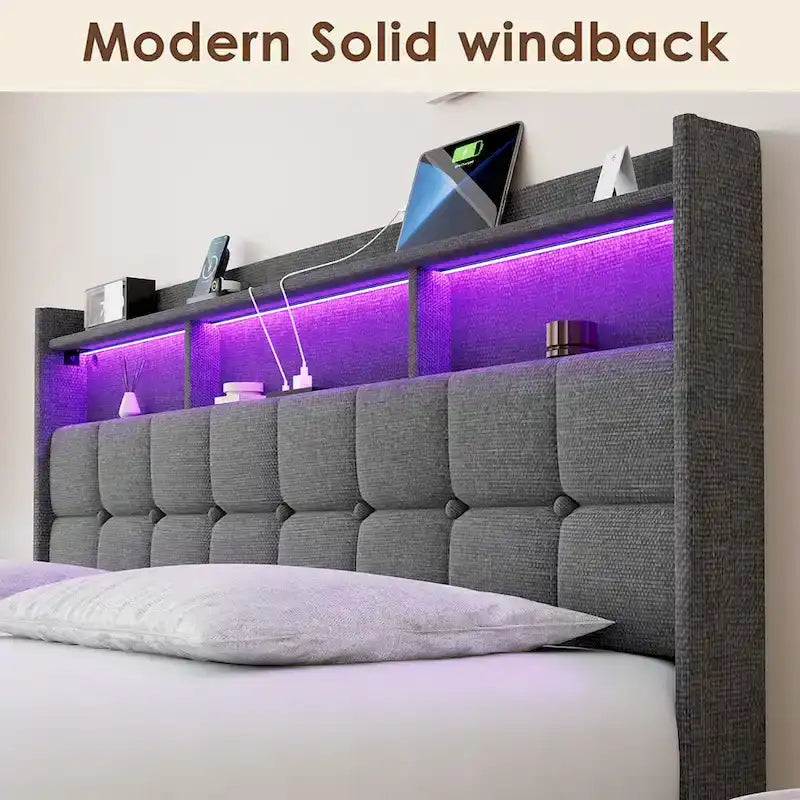 Letto matrimoniale king size con testiera di ricarica, luci RGB e porte USB da 20W