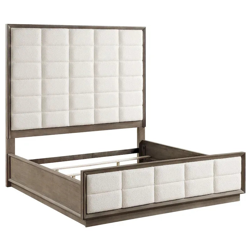 Letto king-size, testiera capitonné a griglia, rivestimento color avorio, rovere marrone
