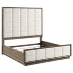 Letto king-size, testiera capitonné a griglia, rivestimento color avorio, rovere marrone