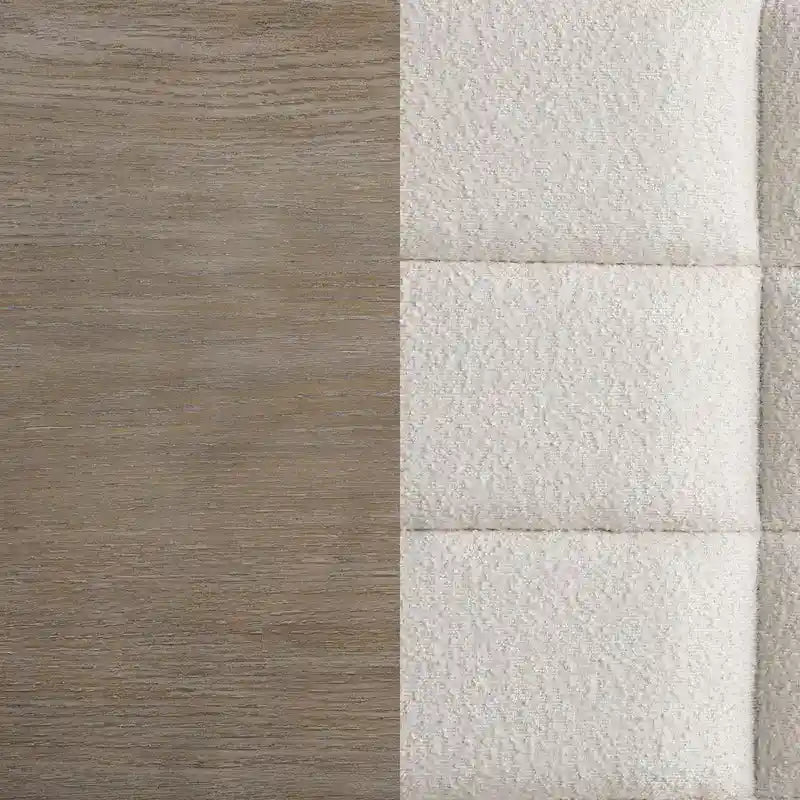 Letto king-size, testiera capitonné a griglia, rivestimento color avorio, rovere marrone