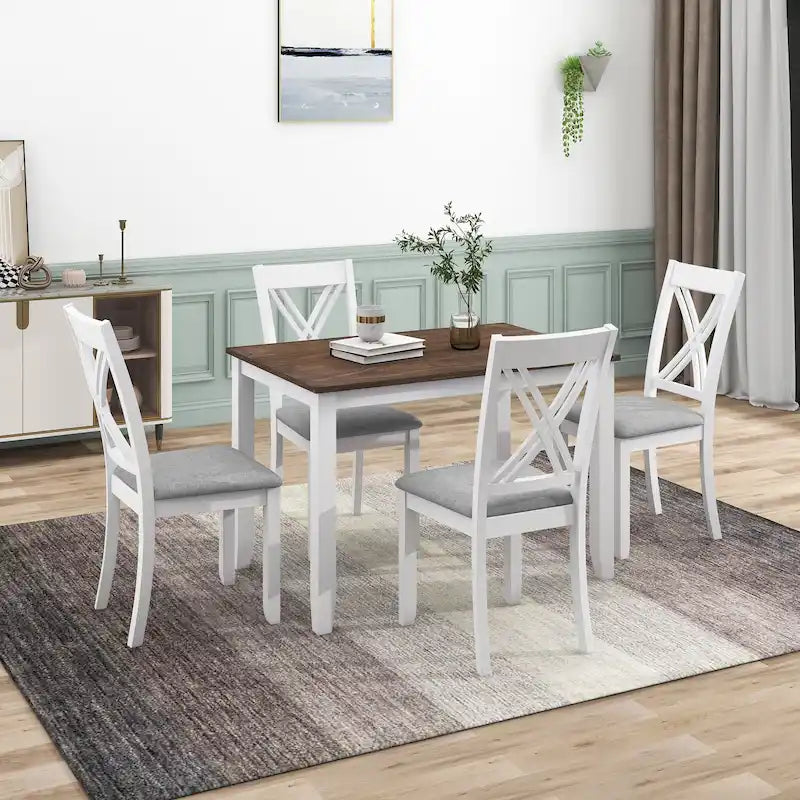 Set tavolo e sedie in legno da 5 pezzi, set tavolo da pranzo da cucina per 4 persone con tavolo rettangolare e 4 sedie imbottite con schienale a X