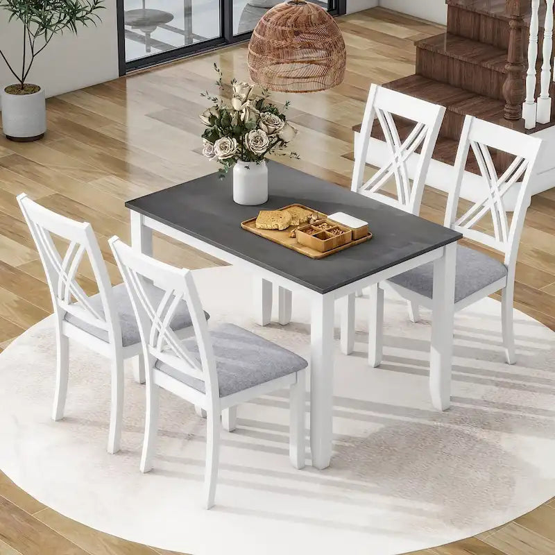 Set tavolo e sedie in legno da 5 pezzi, set tavolo da pranzo da cucina per 4 persone con tavolo rettangolare e 4 sedie imbottite con schienale a X