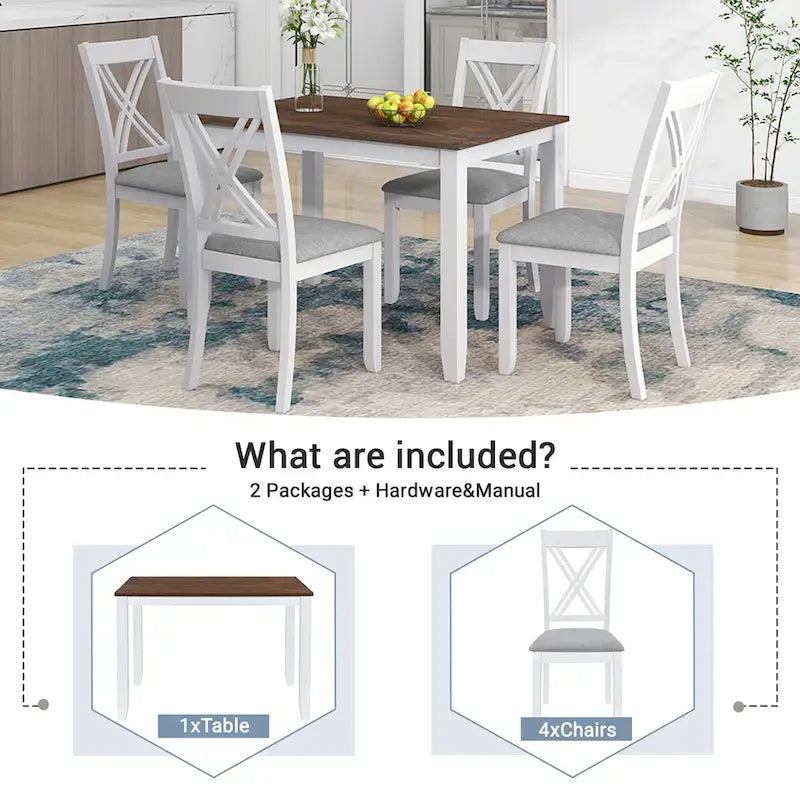 Set tavolo e sedie in legno da 5 pezzi, set tavolo da pranzo da cucina per 4 persone con tavolo rettangolare e 4 sedie imbottite con schienale a X