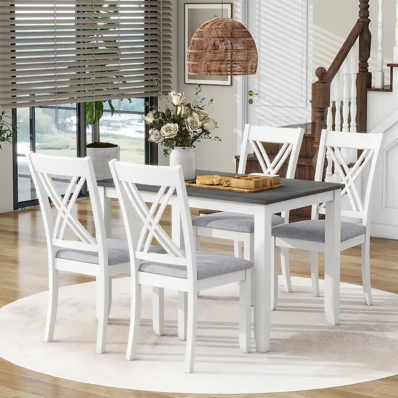 Set tavolo e sedie in legno da 5 pezzi, set tavolo da pranzo da cucina per 4 persone con tavolo rettangolare e 4 sedie imbottite con schienale a X