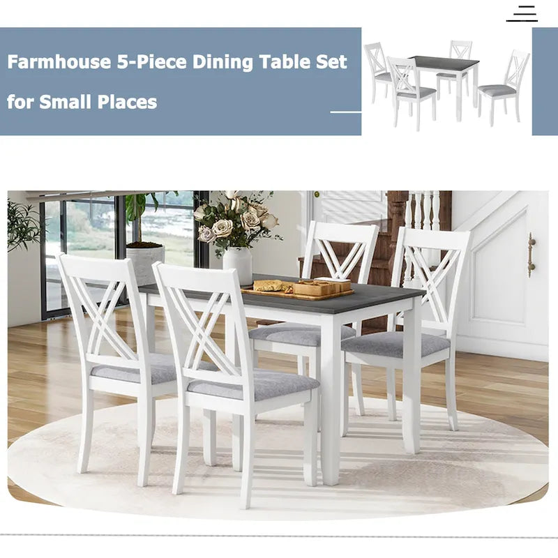 Set tavolo e sedie in legno da 5 pezzi, set tavolo da pranzo da cucina per 4 persone con tavolo rettangolare e 4 sedie imbottite con schienale a X
