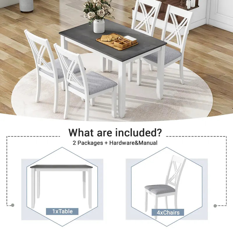 Set tavolo e sedie in legno da 5 pezzi, set tavolo da pranzo da cucina per 4 persone con tavolo rettangolare e 4 sedie imbottite con schienale a X