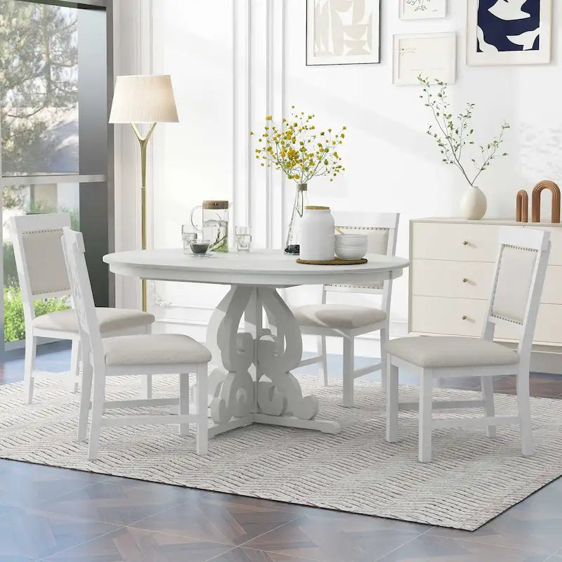 Set da pranzo da cucina 5 pezzi, set tavolo rotondo in legno estensibile con prolunga e 4 sedie imbottite con borchie decorative