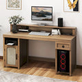 Scrivania rustica in legno con cassetto, armadietto, supporto per monitor e prese elettriche integrate