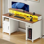 Scrivania rustica in legno con cassetto, armadietto, supporto per monitor e prese elettriche integrate