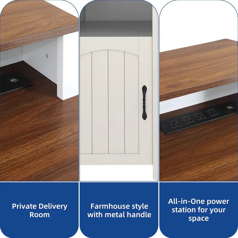 Scrivania rustica in legno con cassetto, armadietto, supporto per monitor e prese elettriche integrate