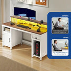 Scrivania rustica in legno con cassetto, armadietto, supporto per monitor e prese elettriche integrate
