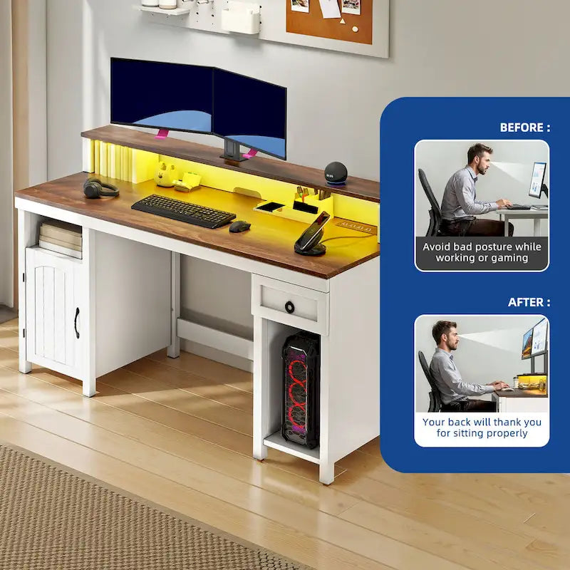Scrivania rustica in legno con cassetto, armadietto, supporto per monitor e prese elettriche integrate