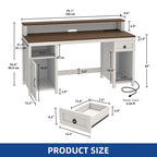 Scrivania rustica in legno con cassetto, armadietto, supporto per monitor e prese elettriche integrate