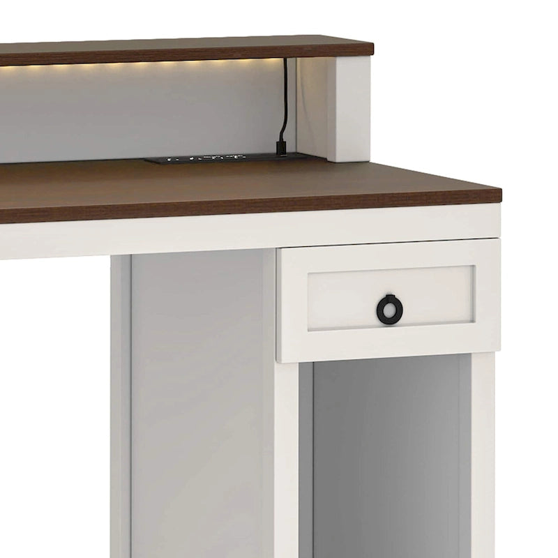 Scrivania rustica in legno con cassetto, armadietto, supporto per monitor e prese elettriche integrate