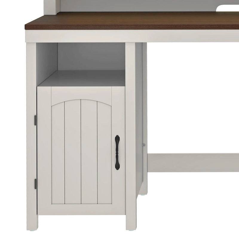 Scrivania rustica in legno con cassetto, armadietto, supporto per monitor e prese elettriche integrate