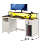 Scrivania rustica in legno con cassetto, armadietto, supporto per monitor e prese elettriche integrate