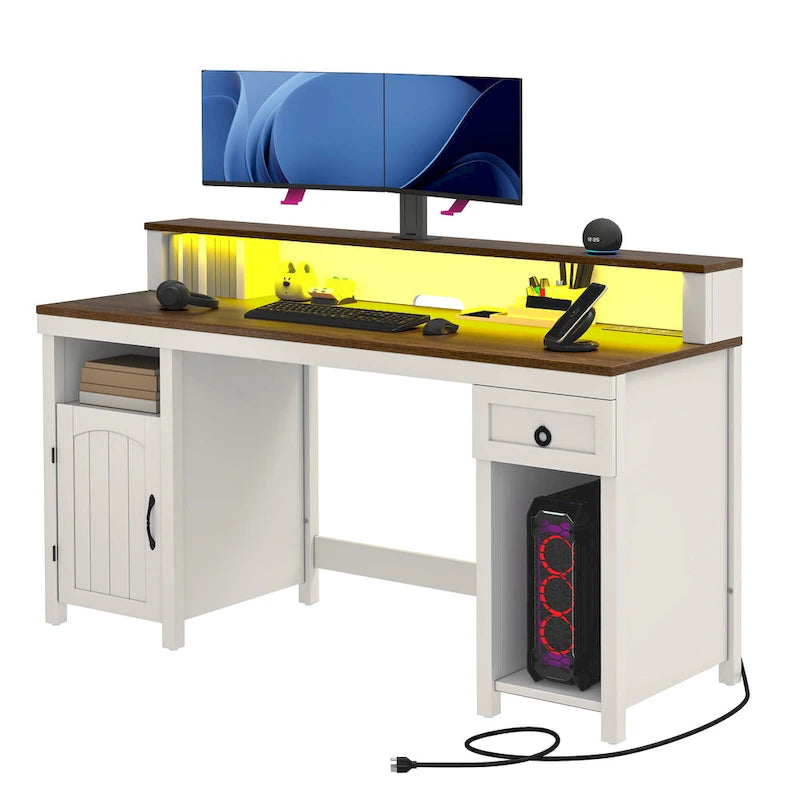 Scrivania rustica in legno con cassetto, armadietto, supporto per monitor e prese elettriche integrate
