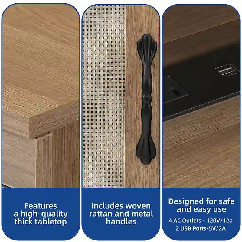 Scrivania rustica in legno con cassetto, armadietto, supporto per monitor e prese elettriche integrate