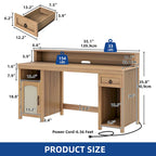 Scrivania rustica in legno con cassetto, armadietto, supporto per monitor e prese elettriche integrate