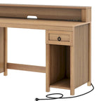 Scrivania rustica in legno con cassetto, armadietto, supporto per monitor e prese elettriche integrate