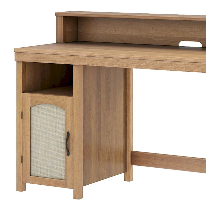 Scrivania rustica in legno con cassetto, armadietto, supporto per monitor e prese elettriche integrate