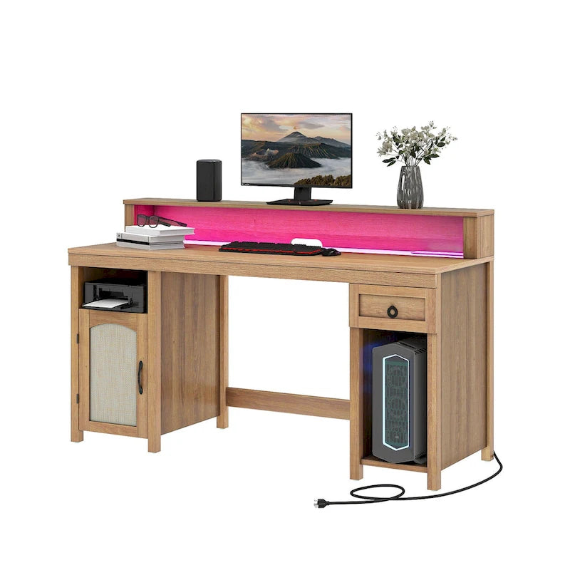 Scrivania rustica in legno con cassetto, armadietto, supporto per monitor e prese elettriche integrate