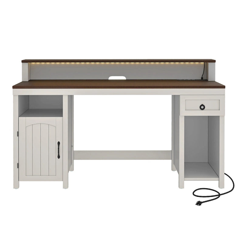 Scrivania rustica in legno con cassetto, armadietto, supporto per monitor e prese elettriche integrate