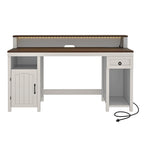 Scrivania rustica in legno con cassetto, armadietto, supporto per monitor e prese elettriche integrate