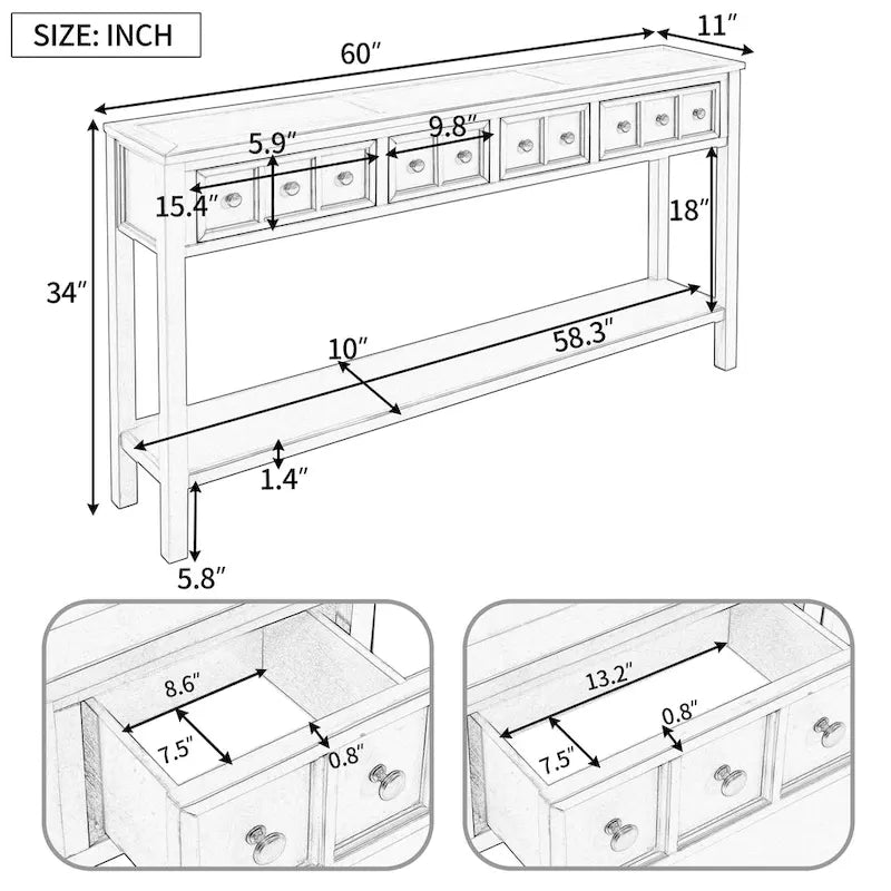 Consolle rustica da ingresso con 4 cassetti e ripiano inferiore, 152 cm