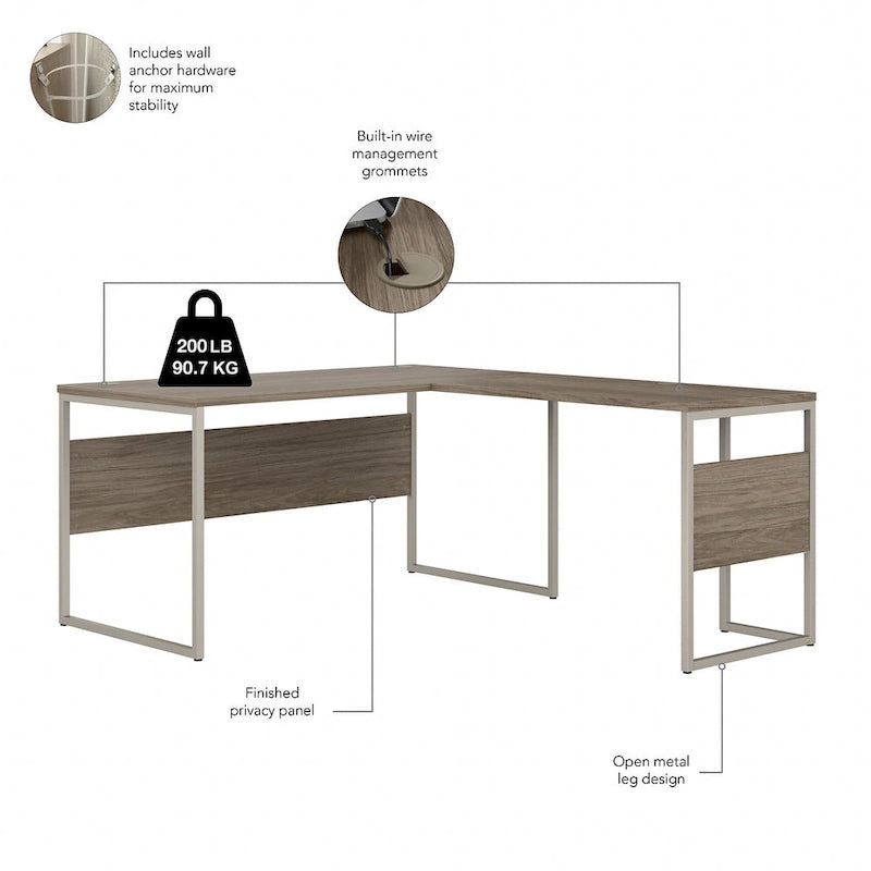 Scrivania ad angolo, 60"L x 30"P x 30"A, gambe in metallo, gestione cavi, capacità 200 libbre