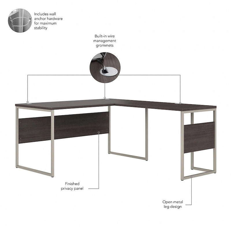Scrivania ad angolo, 60"L x 30"P x 30"A, gambe in metallo, gestione cavi, capacità 200 libbre