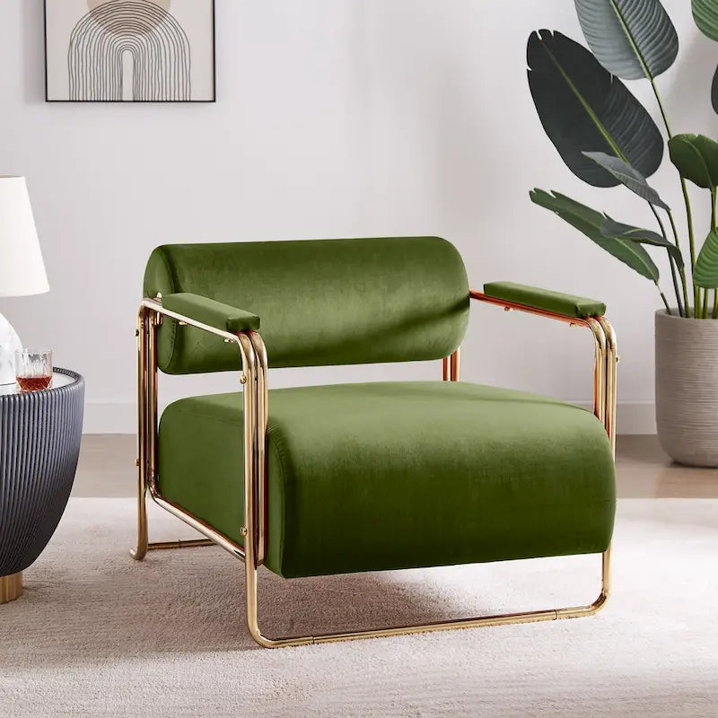 Poltrona futuristica in velluto larga 31", schienale cilindrico, struttura dorata lucida