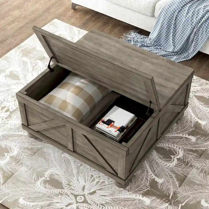 Tavolino da caffè contenitore con ripiano sollevabile Farmhouse da 91 cm, acacia e pino, finitura anticata