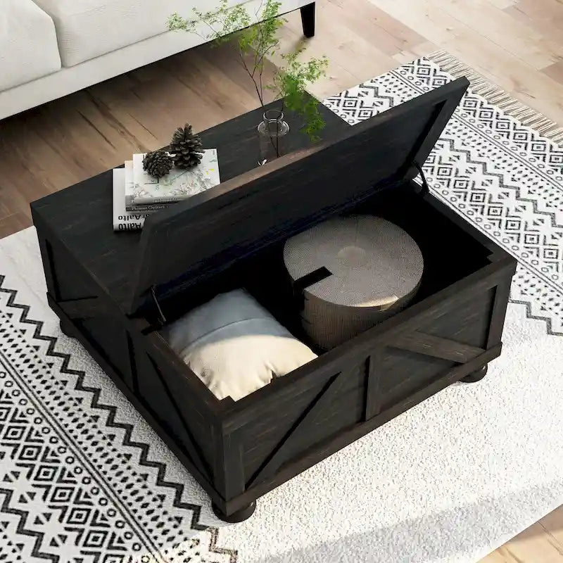 Tavolino da caffè contenitore con ripiano sollevabile Farmhouse da 91 cm, acacia e pino, finitura anticata